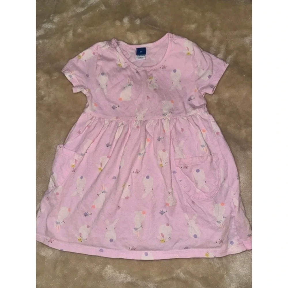 Old Navy Toddler Girls Pink Bunny Print Short Sleeve Pocket Dress Easter Spring